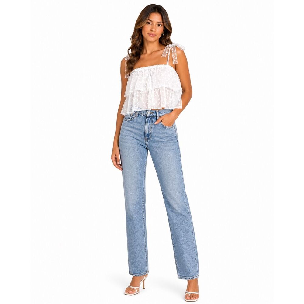 NWT ALTAR’D STATE Women’s White Sheer Polka Dot Ruffle Tie Strap Crop Top Small